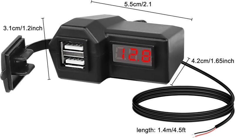 XMSJSIY Motorcycle USB Charger 5V 3.1A Dual USB Phone Charger Adapter Kit Cable with Voltmeter、Waterproof and ON/Off Switch,Handlebar Mounting or Diameter Rearview Mirror Holder-1.4M/4.59FT - Image 2